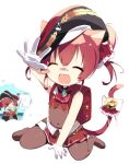  1girl aged_down animal_ears backpack bag bandaid bandaid_on_face bandaid_on_nose bell blush bodysuit cat_ears cat_girl cat_tail closed_eyes eyepatch fang gloves hair_between_eyes hair_ribbon hat highres hololive houshou_marine lisa_(faeuna) multiple_views open_mouth randoseru red_hair red_ribbon red_skirt ribbon simple_background sitting skin_fang skirt tail tail_bell tail_ornament translation_request virtual_youtuber white_background white_gloves 