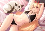  1girl armpits arms_behind_head arms_up artist_logo ass_visible_through_thighs black_bra black_panties blonde_hair bra breasts cat chainsaw_man english_commentary eyes_visible_through_hair finalcake hair_between_eyes head_on_pillow highres horns long_hair looking_at_viewer lying meowy_(chainsaw_man) navel on_back on_bed orange_eyes panties parted_lips power_(chainsaw_man) red_horns sharp_teeth small_breasts teeth underwear underwear_only 