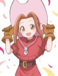  1girl blue_dress blush_stickers brown_eyes brown_gloves brown_hair digimon digimon_adventure dress emapippi gloves happy highres looking_at_viewer simple_background solo tachikawa_mimi white_background 