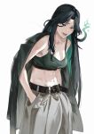  1girl absurdres algorhythm_project black_hair black_jacket breasts cigarette crop_top evalia_(algorhythm_project) green_hair grey_pants highres jacket kamiro_(kamin_r0) long_hair medium_breasts midriff mouth_hold pants solo stomach virtual_youtuber 