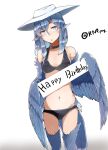  1girl animal_ears bangs bare_shoulders bikini bird_ears bird_legs bird_tail birthday black_bikini black_choker blue_feathers blue_hair blue_wings breasts choker commentary_request eyebrows_behind_hair feathered_wings feathers grey_eyes hair_between_eyes harpy hat highres holding holding_sign long_hair miura_(rnd.jpg) monster_girl navel open_mouth original rnd.jpg sign simple_background small_breasts solo sun_hat swimsuit tail tail_feathers twitter_username white_background white_headwear winged_arms wings 