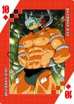 abs anthro armor bandai_namco bulge card clothing digimoji digimon digimon_(species) headgear helmet hi_res horn laboratory male muscular muscular_anthro muscular_male nipples pecs playing_card roaringmoon science solo speedo suit_symbol swimwear wargreymon