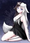  1girl absurdres animal_ears belt black_choker black_dress black_hair blue_eyes choker dress facial_tattoo fluffy fox_ears fox_girl greyscale highres looking_at_viewer monochrome moovalandi multicolored_hair smile solo tattoo white_hair 