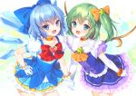  2girls :d adapted_costume ascot bangs blue_bow blue_dress blue_eyes blue_hair blush bow bowtie brooch bucchake_(asami) choker cirno collarbone commentary_request contrapposto cowboy_shot daiyousei dress elbow_gloves eyebrows_visible_through_hair fairy_wings flat_chest frilled_shirt_collar frills gloves green_eyes green_hair hair_bow hand_on_hip holding_hands ice ice_wings jewelry looking_at_viewer multiple_girls one_side_up open_mouth orange_bow orange_choker orange_neckwear petticoat puffy_short_sleeves puffy_sleeves red_bow red_neckwear short_hair short_sleeves simple_background smile star_(symbol) starry_background touhou v-shaped_eyebrows white_background white_gloves wings 