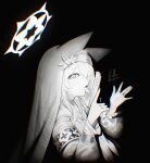  absurdres animal_ears black_background blue_archive chromatic_aberration greyscale gun habit hair_ornament halo handgun highres leaf leaf_hair_ornament looking_at_viewer mari_(blue_archive) monochrome nail_polish neckerchief nun signature vialle weapon 