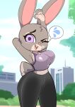 absurd_res anthro bodily_fluids breasts buckteeth disney female hand_behind_head hand_over_head hi_res judy_hopps lagomorph leporid looking_at_viewer mammal one_eye_closed onibi outside rabbit solo sweat teeth thick_thighs wide_hips workout_clothing zootopia
