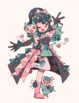  1girl ;d alternate_costume black_gloves black_hair blue_eyes bow dawn_(pokemon) dress elbow_gloves flower full_body gloves hair_bow hair_flower hair_ornament highres leg_up long_hair on_shoulder one_eye_closed open_mouth pachirisu pink_footwear piplup pokemon pokemon_(creature) pokemon_dppt pokemon_on_shoulder ponytail smile teeth upper_teeth_only white_background yukikokoro 