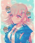  1girl bag breasts brown_hair collared_shirt danganronpa_(series) danganronpa_2:_goodbye_despair flipped_hair hair_ornament highres hinata_hajime jacket long_sleeves medium_hair nanami_chiaki neck_ribbon open_clothes open_jacket pink_eyes pink_ribbon ribbon shirt spaceship_hair_ornament upper_body white_shirt 