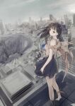  1girl absurdres black_hair blue_reflection_(series) blue_reflection_sun brown_eyes cityscape commentary_request concept_art crater expressionless highres kasuga_shiho kishida_mel long_hair looking_at_viewer on_roof overcast ruins sketch skirt sky solo torn_clothes wind 