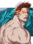  1boy bara beard blue_eyes boku_no_hero_academia completely_nude face facial_hair flaming_eye highres jo_tuesday19 long_sideburns looking_at_viewer male_focus mature_male muscular muscular_male nude portrait red_hair scar scar_across_eye short_hair sideburns solo spiked_hair stubble todoroki_enji upper_body 