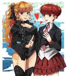  2girls absurdres alternate_hairstyle beatrice_(umineko) beatrice_(umineko)_(cosplay) black_bow blonde_hair blue_eyes boots bow braid breasts collared_shirt cosplay costume_switch crossover french_braid frilled_skirt frills hair_bow hair_bun hairstyle_switch heart highres jacket leg_tattoo leotard multiple_girls necktie persona persona_5 persona_5_the_royal pink_necktie red_eyes red_hair shirt skirt tattoo thigh_boots umineko_no_naku_koro_ni waistcoat yoshizawa_kasumi yoshizawa_kasumi_(cosplay) zucchinidraws 