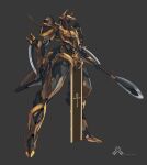  absurdres andrew_leung anubis_(iron_saga) artist_name full_body grey_background highres holding holding_polearm holding_weapon iron_saga machine mecha no_humans official_art polearm robot science_fiction simple_background weapon 
