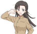  1girl asymmetrical_bangs bangs black_eyes black_hair brown_jacket chi-hatan_school_uniform closed_mouth commentary girls_und_panzer hand_in_hair high_collar jacket long_hair long_sleeves looking_at_viewer mutsu_(layergreen) nishi_kinuyo school_uniform simple_background smile solo standing straight_hair upper_body white_background wind 
