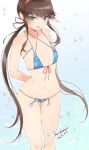  1girl arms_behind_back bikini black_ribbon blue_bikini blue_eyes brown_hair flat_chest floral_print floral_print_bikini green_eyes hairband heterochromia highres kinako_(mzknk0) light_blush long_hair looking_at_viewer low_twintails micro_bikini navel open_mouth red_hairband ribbon ryoubi_(senran_kagura) senran_kagura smile solo swimsuit twintails water water_drop 