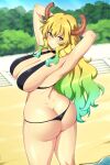 bent_over big_breasts big_butt bikini bikini_thong blonde_hair breast_rest breasts butt clothing female hair hi_res horn horned_humanoid humanoid lindaroze_(artist) looking_at_viewer looking_back miss_kobayashi&#039;s_dragon_maid not_furry quetzalcoatl_(dragon_maid) smile solo swimwear thick_thighs water