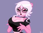 animated anthro big_breasts breast_squish breasts choker diana_rayablanca eyewear female glasses hair hi_res jewelry lipstick makeup mammal mephitid narrowed_eyes necklace pink_body self_grope skelly_doll skunk solo squish white_hair