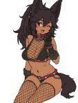  1girl :o animal_ears bare_shoulders black_hair black_shorts breasts cerberus_(houtengeki) cleavage collar dark-skinned_female dark_skin fishnet_thighhighs fishnet_top fishnets hair_between_eyes highres houtengeki invisible_chair long_hair looking_at_viewer medium_breasts micro_shorts navel one_eye_closed open_mouth original ponytail red_collar red_eyes shorts simple_background sitting solo stomach tail thighhighs thighs white_background 