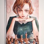  1girl anya_taylor-joy artist_name bad_source blue_dress board_game brown_hair chess chess_piece chessboard commentary_request dress elizabeth_harmon eyelashes karin_park korean_commentary light_smile looking_at_viewer painting_(medium) short_hair solo the_queen&#039;s_gambit traditional_media upper_body watch watercolor_(medium) wristwatch 