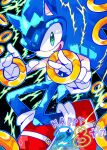 1boy blue_fur blueeblin commentary_request electricity full_body gloves green_eyes happy_birthday highres holding looking_at_viewer male_focus red_footwear ring_(sonic) shoe_soles smile solo sonic_(series) sonic_the_hedgehog white_gloves 