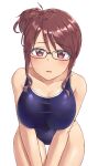  1girl aimobake bangs bespectacled black-framed_eyewear blue_swimsuit breasts brown_hair covered_navel cowboy_shot eyebrows_visible_through_hair glasses highres idolmaster idolmaster_cinderella_girls large_breasts leaning_forward looking_at_viewer mifune_miyu one-piece_swimsuit purple_eyes school_swimsuit short_hair side_bun sidelocks simple_background solo standing swimsuit thigh_gap v_arms wet white_background 