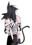  2girls amiya_(arknights) animal_ear_fluff animal_ears arknights black_hair blaze_(arknights) brown_footwear brown_hair carrying carrying_person cat_ears cat_girl cat_tail chinese_commentary commentary_request corrupted_twitter_file highres long_hair long_sleeves molu_stranger multiple_girls rabbit_ears shirt simple_background tail white_background white_shirt 