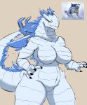 absurd_res anthro big_breasts blue_eyes blush blush_lines breasts claws curvy_figure digital_media_(artwork) eirasnowy featureless_breasts featureless_crotch female front_view godzilla_(series) hi_res horn kaiju looking_at_viewer monster monsterverse nude reptile scales scalie shimo_(kaiju) simple_background solo spikes tail thick_thighs toho white_body wide_hips