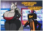 anthro big_breasts big_butt biped breasts bulge butt canid canine canis chest_tuft cleavage clothed clothing cross-popping_vein crt_effect duo gynomorph gynomorph_anthro hi_res huge_breasts huge_butt humanoid hyper hyper_breasts intersex intersex_anthro machine male male_(lore) mammal mr._sen robot thebunnypie tuft ulric_ryker wide_hips wolf