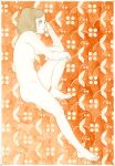  bob_cut breasts colored_skin completely_nude feet floral_background full_body kst1911 medium_hair midair no_nipples nude original painting_(medium) petite pointy_breasts sitting small_breasts traditional_media watercolor_(medium) white_skin 