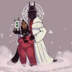 anthro chain clothed clothing cult_of_the_lamb domestic_cat duo felid feline felis female forneus_(cult_of_the_lamb) hi_res male male/female mammal massive_monster_(studio) narinder panny_lii prick_ears red_crown_(cult_of_the_lamb) robe size_difference sparkles standing star symbol the_one_who_waits veil