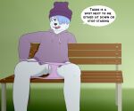 absurd_res anthro beanie bear bench bottomless butt clothed clothing dialogue english_text female genitals hat headgear headwear hi_res hoodie inprogress looking_at_viewer mammal outside panties park polar_bear pulled_pants pussy solo text topwear underwear ursine