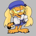  1girl animal_nose beret black_eyes black_gloves blonde_hair blue_hat blue_skirt cat_tail commentary crossed_arms dokibird_(vtuber) english_commentary fingerless_gloves full_body garfield garfield_(character) gloves grey_background hair_between_eyes half-closed_eyes hat indie_virtual_youtuber long_hair long_sleeves looking_at_viewer orange_cat orange_fur pleated_skirt rafael10330 simple_background skirt smile solo tail toon_(style) twintails virtual_youtuber 