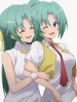  2girls ;d ^_^ arm_hug between_breasts breasts closed_eyes commentary_request eyelashes fang green_eyes green_hair hair_ribbon half_updo happy higurashi_no_naku_koro_ni large_breasts long_hair multiple_girls necktie necktie_between_breasts nishizuki_shino one_eye_closed open_clothes open_mouth open_vest parted_bangs ponytail red_necktie ribbed_shirt ribbon shirt short_sleeves siblings simple_background sisters skin_fang sleeveless sleeveless_shirt smile sonozaki_mion sonozaki_shion straight_hair turtleneck twins upper_body very_long_hair vest white_background white_shirt white_wrist_cuffs wrist_cuffs yellow_ribbon yellow_vest 