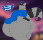 2024 anthro belly big_belly big_butt blue_clothing blue_hat blue_headwear blue_shirt blue_topwear blurred_background bottomless butt clothed clothing english_text exposed_belly fubsy fur grey_body grey_fur hand_on_butt hand_on_hip hat headgear headwear hi_res huge_butt looking_back male mammal markings moobs obese obese_anthro obese_male overweight overweight_anthro overweight_male procyonid purple_nose raccoon red_eyes shirt sly_cooper sly_cooper_(series) solo sony_corporation sony_interactive_entertainment striped_markings striped_tail stripes sucker_punch_productions tail tail_markings text three-quarter_view topwear