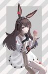  1girl animal_ears april_(arknights) arknights black_gloves breasts brown_hair closed_mouth commentary_request dress feet_out_of_frame fingerless_gloves food gloves grey_background hair_between_eyes hands_up highres holding holding_food ice_cream ice_cream_cone long_hair medium_breasts purple_eyes rabbit_ears short_sleeves shouga_chahan single_glove sitting solo striped_background tongue tongue_out very_long_hair white_dress wide_sleeves 
