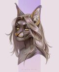 absurd_res anthro artist_name blonde_hair bust_portrait ear_tuft eyelashes felid female glistening glistening_eyes green_eyes hair hi_res mammal marie_merkh mouth_closed narrowed_eyes orange_nose portrait simple_background solo tuft