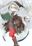  1girl asteria_of_the_white_woods bag book boots duel_monster grey_eyes highres jacket leg_up long_sleeves looking_at_viewer low_side_ponytail monocle pinyata_(pinyaland) red_thighhighs shoulder_bag solo standing sweater thighhighs white_hair yu-gi-oh! 