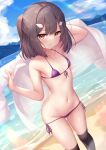  1girl arata_(xin) arm_behind_head arm_up bangs bare_arms bare_shoulders beach bikini black_hair black_legwear blush breasts brown_eyes closed_mouth collarbone collared_shirt commentary_request day dutch_angle eyebrows_visible_through_hair fate/kaleid_liner_prisma_illya fate_(series) feet_out_of_frame front-tie_bikini front-tie_top groin hair_ornament halter_top halterneck hand_up highres looking_at_viewer medium_hair micro_bikini miyu_edelfelt navel open_clothes open_shirt outdoors over-kneehighs purple_bikini revision shirt shirt_removed side-tie_bikini small_breasts smile solo standing stomach swimsuit thighhighs water white_shirt 