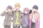  4boys adjusting_eyewear black_pants blonde_hair blue_hair blue_sweater_vest closed_mouth cupcake daiba_nana floral_print food genderswap genderswap_(ftm) glasses green_eyes green_sweater_vest grey_jacket hanayagi_kaoruko haori holding holding_plate hood hoodie hoshimi_junna isurugi_futaba jacket jacket_over_hoodie japanese_clothes long_sleeves multiple_boys necktie open_mouth pants pink_hair pink_haori plate purple_eyes purple_hair red_necktie school_uniform shirt short_hair shoujo_kageki_revue_starlight simple_background sweater_vest taneda_yuuta white_background white_shirt 