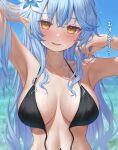  1girl absurdres alternate_costume armpits arms_up bikini black_bikini blue_hair blue_sky blurry blurry_background breasts commentary_request day ebihurai elf flower hair_flower hair_ornament highres hololive large_breasts looking_at_viewer navel open_mouth pointy_ears sky smile solo swimsuit translation_request untied_bikini_top upper_body virtual_youtuber yellow_eyes yukihana_lamy 
