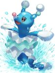  :d black_eyes brionne commentary_request eyelashes fangs gen_7_pokemon happy highres mian_(3zandora) no_humans open_mouth outstretched_arms pokemon pokemon_(creature) shiny shiny_skin smile solo splashing tongue water water_drop 