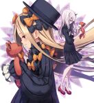  2girls abigail_williams_(fate) bangs black_bow black_dress black_headwear blonde_hair blue_eyes blush bow breasts dress fate/grand_order fate_(series) forehead hair_bow hat hiroyama_hiroshi horns lavinia_whateley_(fate) long_hair long_sleeves multiple_bows multiple_girls multiple_hair_bows orange_bow parted_bangs polka_dot polka_dot_bow purple_eyes ribbed_dress single_horn sleeves_past_fingers sleeves_past_wrists small_breasts stuffed_animal stuffed_toy teddy_bear white_hair wide-eyed 