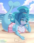 absurd_res anthro beach blue_body blue_hair blush brand_new_animal breasts cattowsky cetacean clothed clothing dolphin female hair heart_symbol hi_res looking_at_viewer lying mammal marine nina_flip on_front outside raised_tail sand seaside sky smile solo studio_trigger swimwear tail toothed_whale water