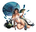  1girl ahoge bari_(destiny_child) black_hair blue_hair blue_nails bracelet breasts destiny_child food fruit hair_ornament hand_fan holding holding_fan huge_breasts jewelry lips long_hair low_twintails multicolored_hair nail_polish official_art ofuda oil-paper_umbrella one-piece_swimsuit parted_lips sitting squirrel swimsuit toenail_polish toenails tokkihouse transparent_background twintails umbrella very_long_hair watermelon white_swimsuit yellow_eyes 