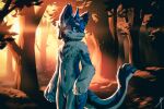 1_horn 2021 absurd_res anthro black_sclera blaedic blue_body blue_eyes blue_fur blue_horn blue_pawpads casual_nudity cheek_tuft crotch_tuft dragon eastern_dragon facial_tuft featureless_crotch forest forest_background front_view fur furred_dragon handpaw hi_res horn light lighting looking_away male male_anthro mythological_creature mythological_scalie mythology nature nature_background navel neck_tuft pawpads paws plant portrait scalie solo standing sun sunrise tail tail_hand three-quarter_portrait tree tuft unusual_anatomy unusual_tail white_body white_fur