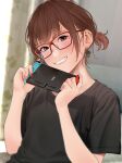  1girl absurdres blurry blurry_background blush brown_hair controller curtains earrings eyelashes film_grain fingernails flat_chest game_console game_controller glasses grin hands_up head_tilt highres indoors jewelry looking_at_viewer mole mole_under_eye multicolored multicolored_nails nail_polish nintendo_switch original purple_eyes saitou_(lynx-shrike) shirt short_hair short_ponytail smile solo t-shirt upper_body window 