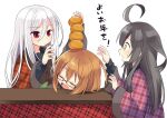  3girls ahoge bangs black_hair brown_hair closed_mouth eyebrows_visible_through_hair food fruit glasses hair_between_eyes kantai_collection kikuzuki_(kancolle) kotatsu long_hair long_sleeves mikazuki_(kancolle) mochizuki_(kancolle) multiple_girls nagasioo on_head open_mouth orange_(food) plaid red_eyes simple_background sleeping sleeping_upright stacking sweat table upper_body white_background white_hair yellow_eyes 