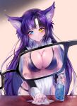  1girl animal_ears artist_name awful_queen_(vtuber) blush bra breasts cleaning fox_ears fox_girl glasses heterochromia highres indie_virtual_youtuber large_breasts maid mole mole_under_eye purple_hair underwear virtual_youtuber wailon x-ray_glasses x-ray_vision 