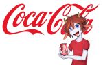 2022 anthro beverage beverage_can blue_eyes bovid brown_hair caprine clothing coca-cola fur goat hair holding_beverage holding_object horn logo looking_at_viewer male mammal milo_(twang) open_mouth red_clothing red_shirt red_topwear shirt simple_background smile soda solo topwear twang white_background white_body white_fur