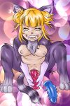 2020 4_toes absurd_res anthro blonde_hair breasts cheshire_cat_(species) claws crouching dildo el_oztoatl feet female fur hair hi_res large_penetration masturbation medium_breasts my_hero_academia neck_tuft penetration purple_body purple_fur sex_toy sharp_fangs shounen_jump solo toes toga_himiko transformation tuft yellow_eyes