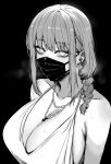  1girl absurdres armpit_crease bare_arms bare_shoulders black_background blush braid braided_ponytail breasts chainsaw_man cleavage collarbone earrings flower_tattoo greyscale hair_over_shoulder highres jewelry large_breasts long_hair looking_at_viewer low_neckline makima_(chainsaw_man) mask masoq monochrome mouth_mask necklace pearl_necklace ringed_eyes sideboob simple_background solo spaghetti_strap sweat swept_bangs tattoo upper_body 